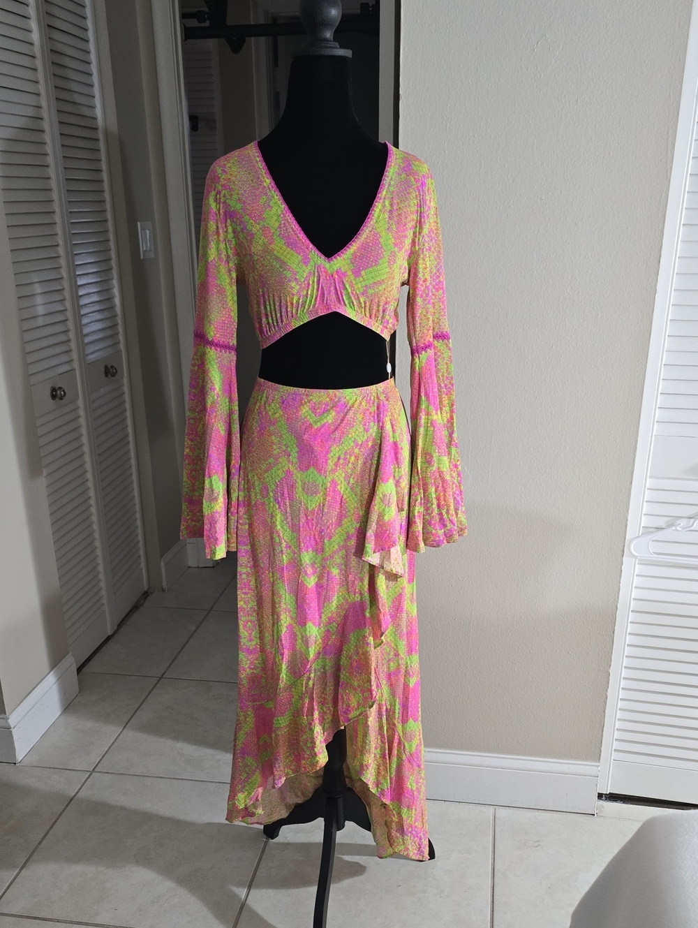 Luli Fama Pink & Lime Green Abstract Maxi Set
